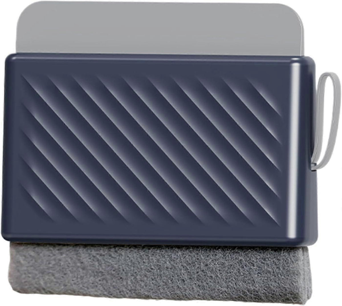 Multifunctional Window & Shower Squeegee with dark blue plastic body, diagonal grip ridges and a gray abrasive sponge pad