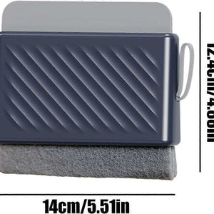 Multifunctional Window & Shower Squeegee with a dark blue ridged plastic head, grey cleaning pad and side hanging loop
