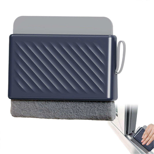 Multifunctional Window & Shower Squeegee with a dark blue ridged body, grey cleaning pad and hanging loop