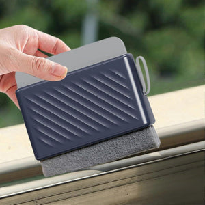 Multifunctional Window & Shower Squeegee with a dark blue ridged handle, gray cleaning pad and hanging loop