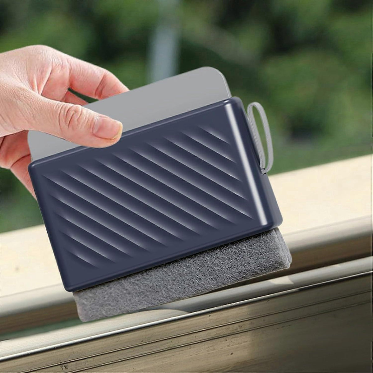 Multifunctional Window & Shower Squeegee with a dark blue ridged handle, gray cleaning pad and hanging loop