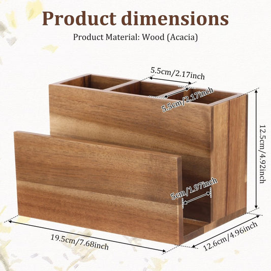 Napkin Salt and Pepper Holder in warm brown acacia wood, with divided compartments and a raised front napkin panel