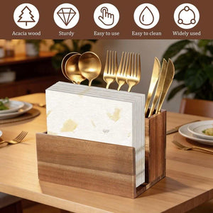 Napkin Salt and Pepper Holder in warm brown wood with a rustic two-tone finish, holding white napkins and gold-toned cutlery