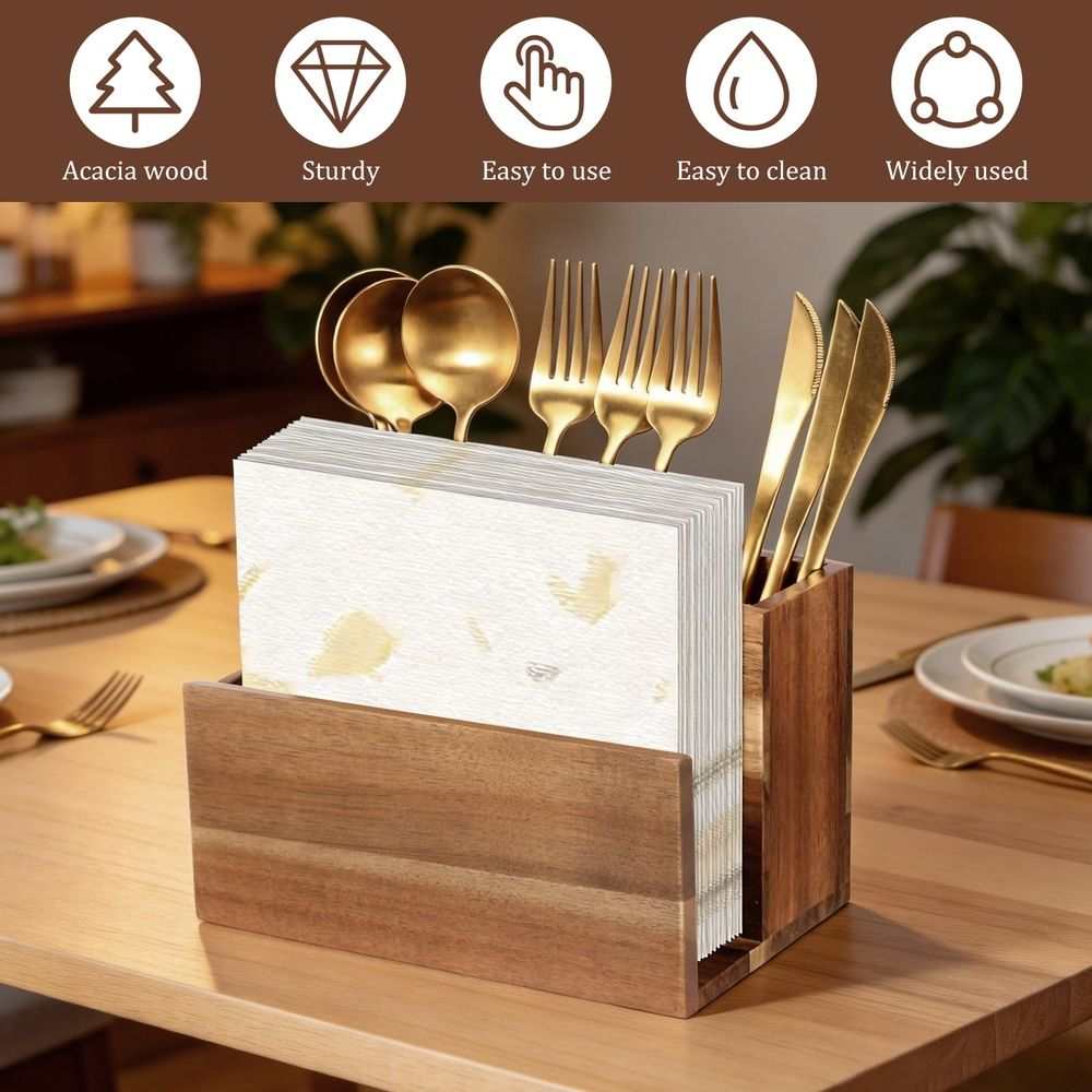 Napkin Salt and Pepper Holder in warm brown wood with a rustic two-tone finish, holding white napkins and gold-toned cutlery