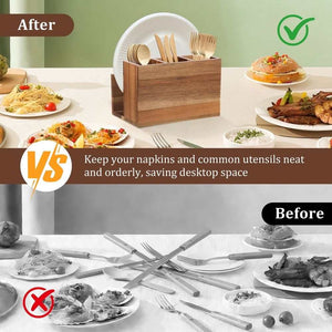 Napkin Salt and Pepper Holder in brown wood with upright napkins and wooden utensils in a divided tabletop caddy