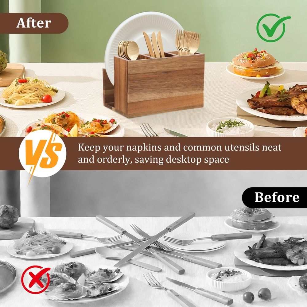 Napkin Salt and Pepper Holder in brown wood with upright napkins and wooden utensils in a divided tabletop caddy