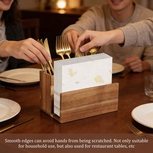 Napkin Salt and Pepper Holder in two-tone brown wood, holding white napkins and gold-colored cutlery in side compartments