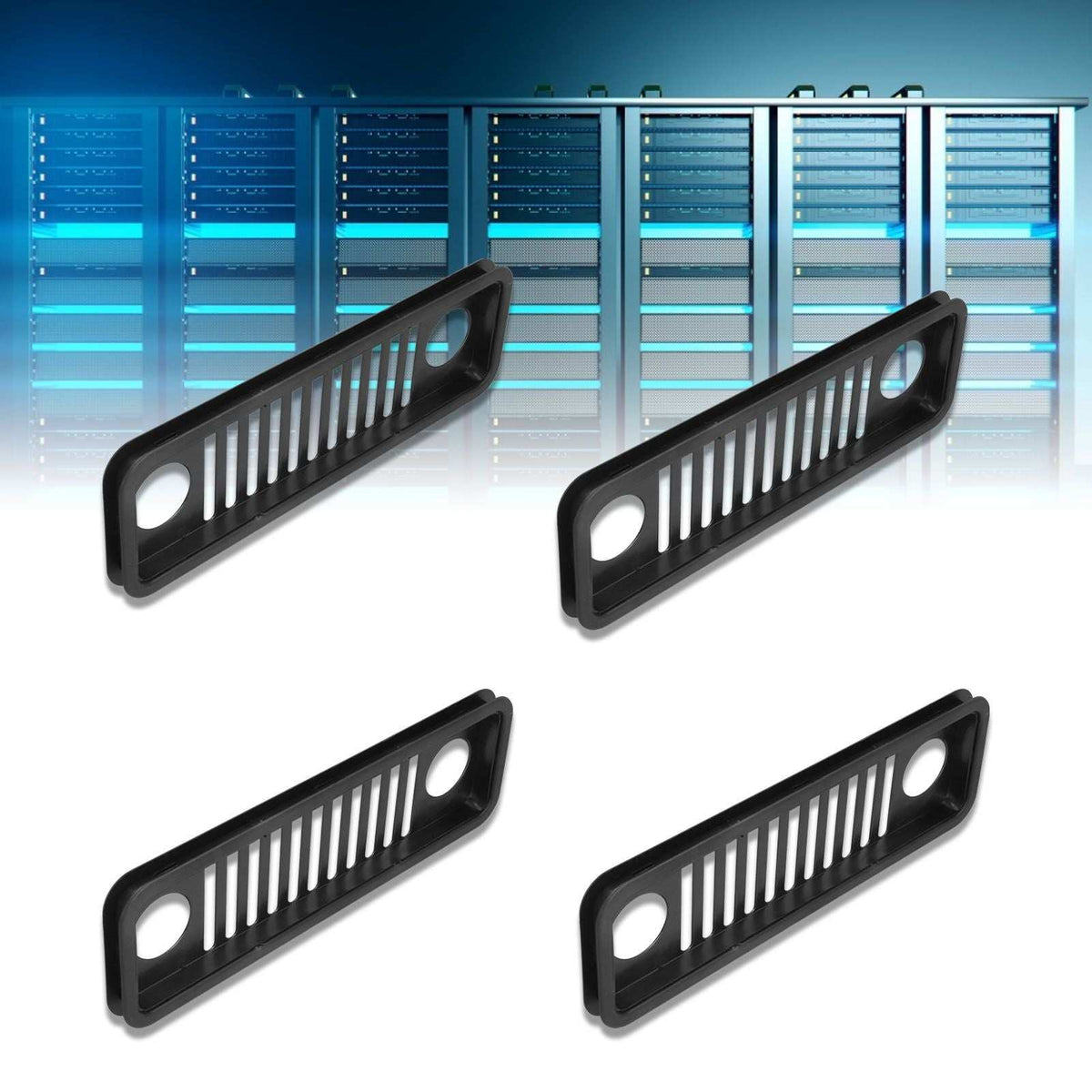 Network Wire Storage Rack set of four black ABS plastic cable trays with slotted ventilation and round end holes