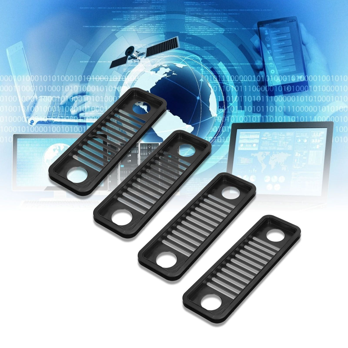 Network Wire Storage Rack set of four black plastic cable trays with slotted centers and round holes at both ends