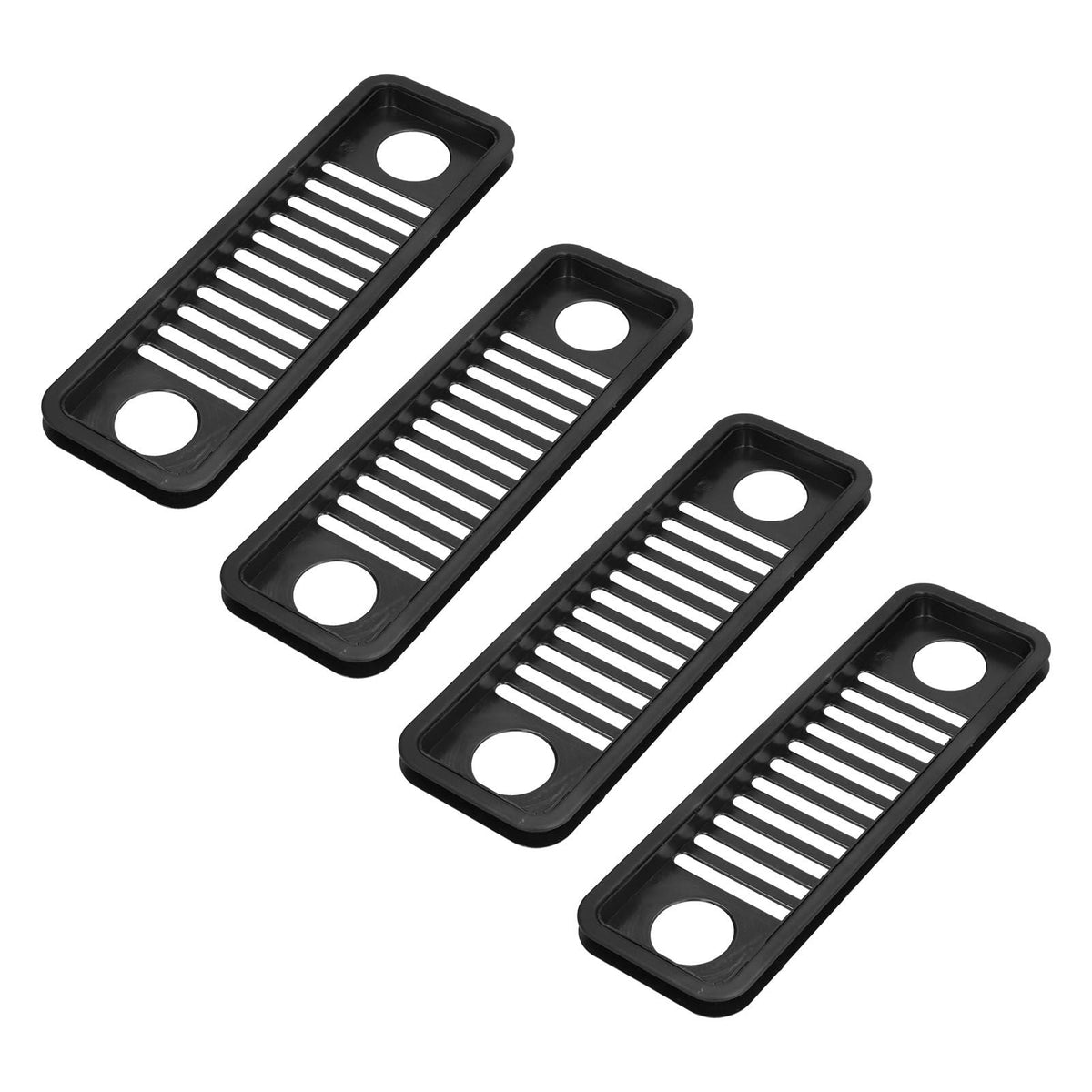 Network Wire Storage Rack set of four black plastic trays with open slatted centers and round cable holes at both ends