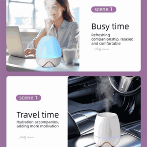 Office Comfort Gift Bundle with an egg-shaped blue-topped aroma diffuser and a white base with wood-tone trim