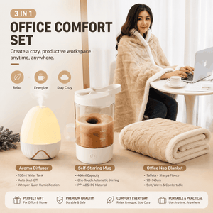 Office Comfort Gift Bundle featuring a cream aroma diffuser, self-stirring mug and plush beige sherpa blanket