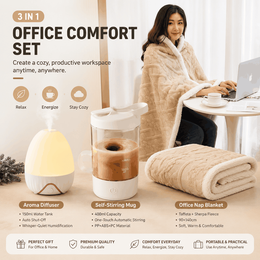 Office Comfort Gift Bundle featuring a cream aroma diffuser, self-stirring mug and plush beige sherpa blanket