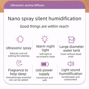 Office Comfort Gift Bundle diffuser feature card in purple and white with ultrasonic mist, night light and sleep icons