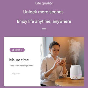 Office Comfort Gift Bundle featuring a white ultrasonic aroma diffuser with a glowing pink band and visible mist
