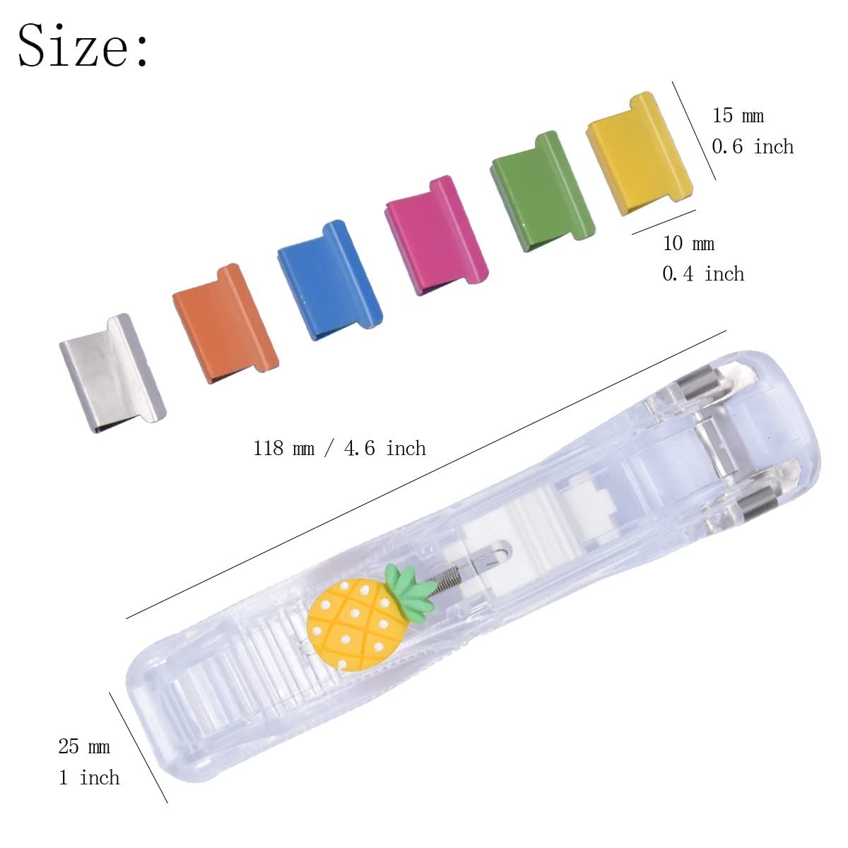 Office Supplies Push Stapler with a clear plastic body, pineapple decoration and assorted coloured reusable clips
