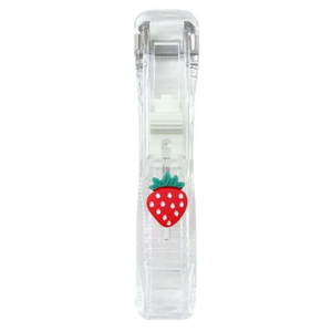 Office Supplies Push Stapler with a clear plastic body and a red strawberry motif, in a slim handheld design