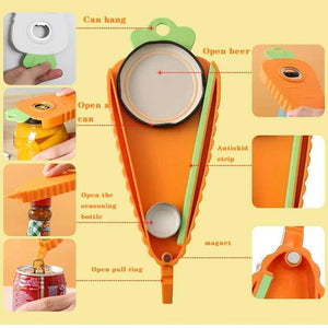 Orange Carrot-Shaped Multi-Function Bottle Opener with a carrot-shaped orange plastic body, green grip strip, magnet and metal opener