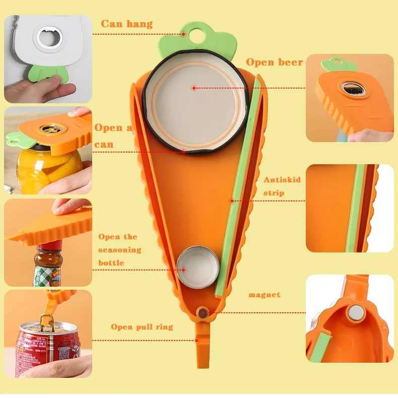 Orange Carrot-Shaped Multi-Function Bottle Opener with a carrot-shaped orange plastic body, green grip strip, magnet and metal opener