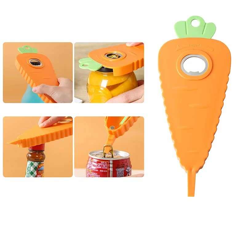 Orange Carrot-Shaped Multi-Function Bottle Opener in orange plastic, with a green leafy hanging tab, textured grip and metal opener