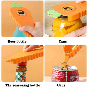 Orange Carrot-Shaped Multi-Function Bottle Opener, orange ridged plastic tool with green carrot leaves and metal opener for bottles, jars, and cans