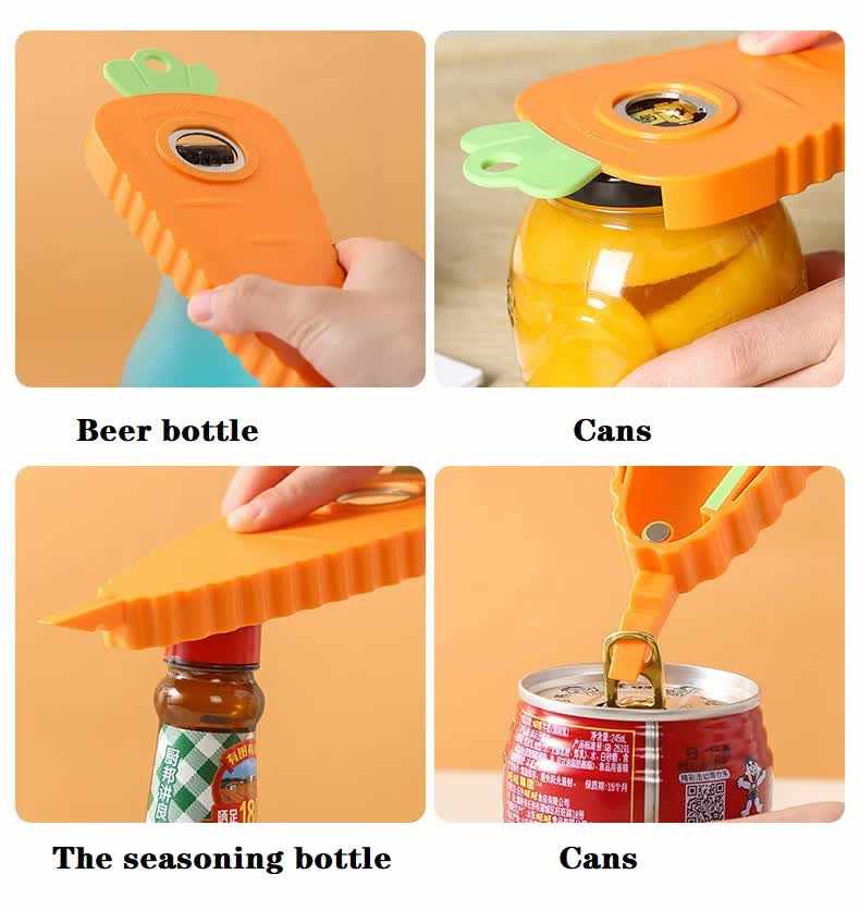 Orange Carrot-Shaped Multi-Function Bottle Opener, orange ridged plastic tool with green carrot leaves and metal opener for bottles, jars, and cans