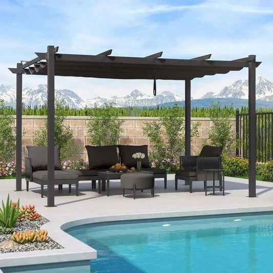 Outdoor Garden Pergola with a dark grey aluminium frame, slatted canopy, and modern rectangular design