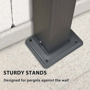 Outdoor pergola stand with a grey powder-coated aluminium post, square base plate and four mounting holes