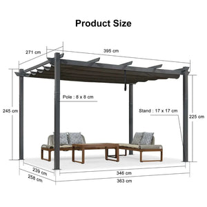 Outdoor pergola with charcoal grey frame, dark retractable canopy, four posts and a lounge seating set beneath