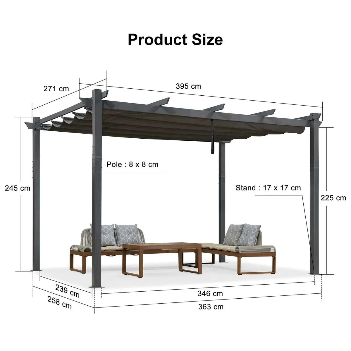 Outdoor pergola with charcoal grey frame, dark retractable canopy, four posts and a lounge seating set beneath