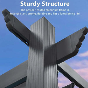 Outdoor pergola with a grey powder-coated aluminium frame, shown close up with ribbed support posts and beams.