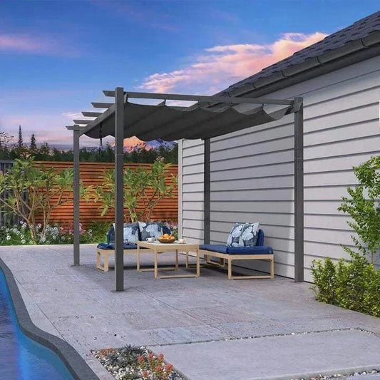 Outdoor pergola with a dark grey retractable fabric canopy and a sturdy grey metal frame with open slatted beams
