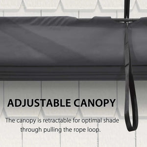 Outdoor pergola with a dark grey retractable fabric canopy and hanging pull rope loop for adjustable shade