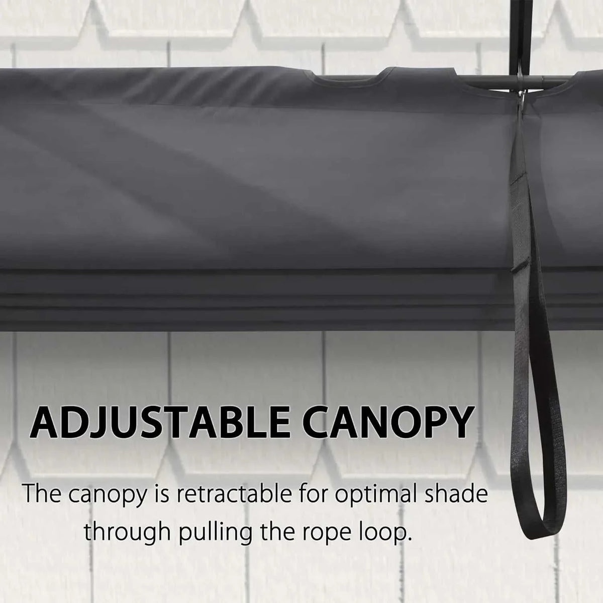 Outdoor pergola with a dark grey retractable fabric canopy and hanging pull rope loop for adjustable shade