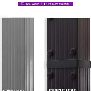 Outdoor pergola frame post comparison showing a wider black ribbed Purple Leaf post beside a slimmer grey post