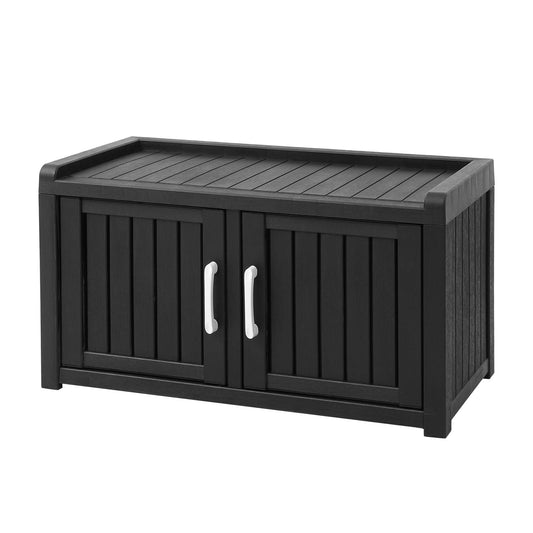 Outdoor Storage Box Bench in black resin with a wood-look slatted top, two doors and silver handles