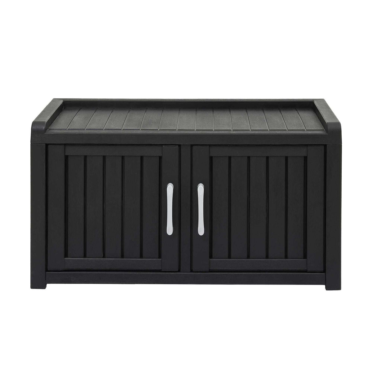 Outdoor Storage Box Bench in black resin with a slatted wood-look top, double cabinet doors and silver handles