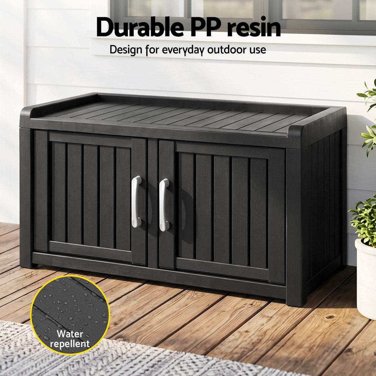 Outdoor Storage Box Bench in black PP resin with a wood-look slatted top, double doors and silver handles
