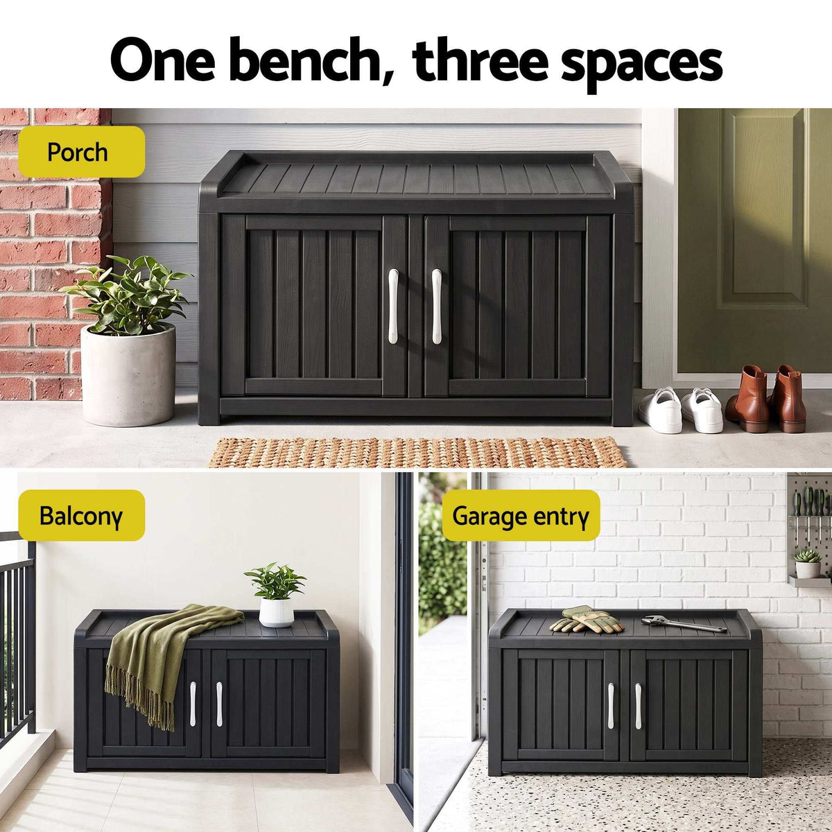 Outdoor Storage Box Bench in black resin with a wood-look finish, featuring a ridged seat and double doors with handles