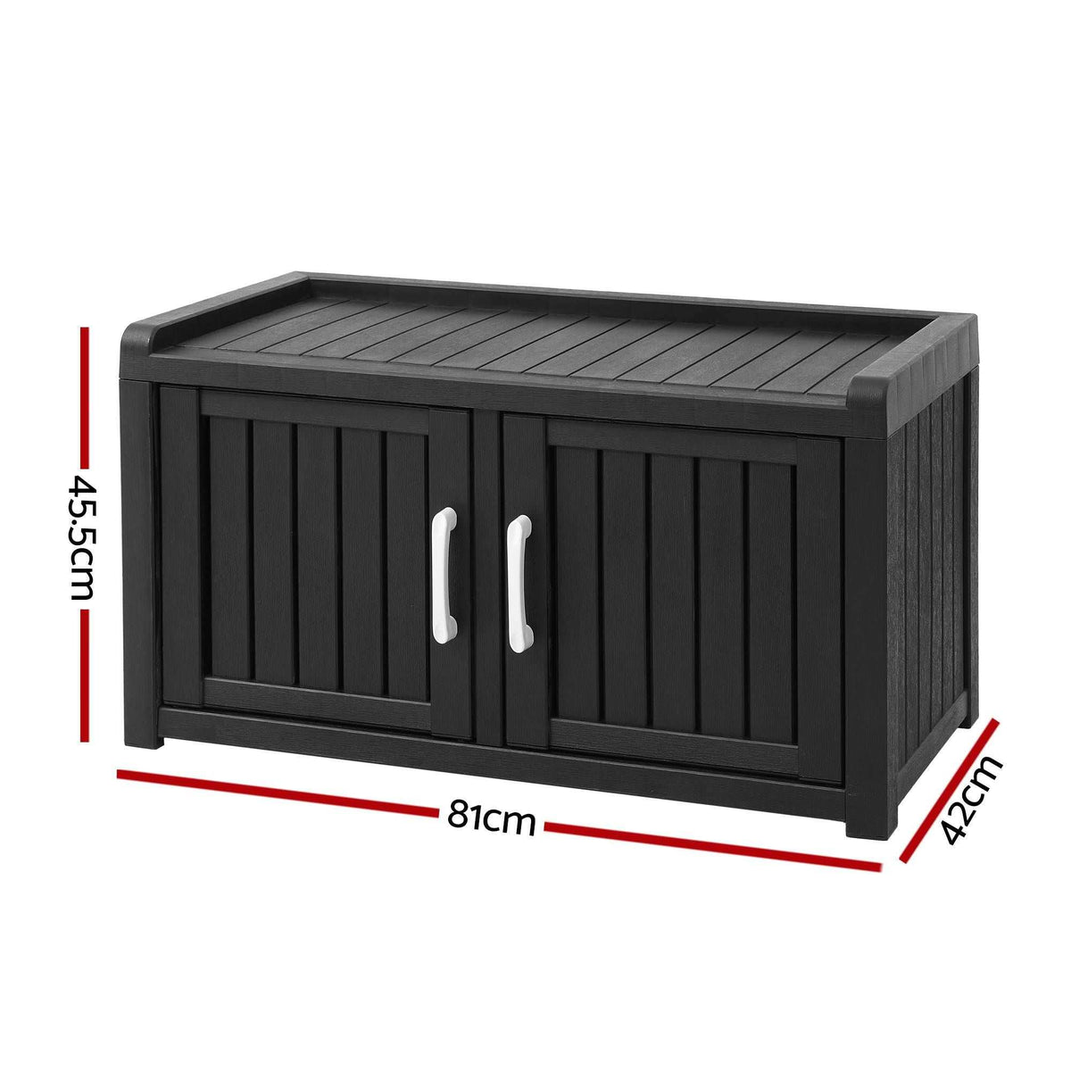 Outdoor Storage Box Bench in black resin with a slatted wood-look finish, double doors and raised handles