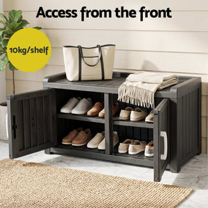 Outdoor Storage Box Bench in black resin with wood-look panels, open double doors, shoe shelves and a flat seat top