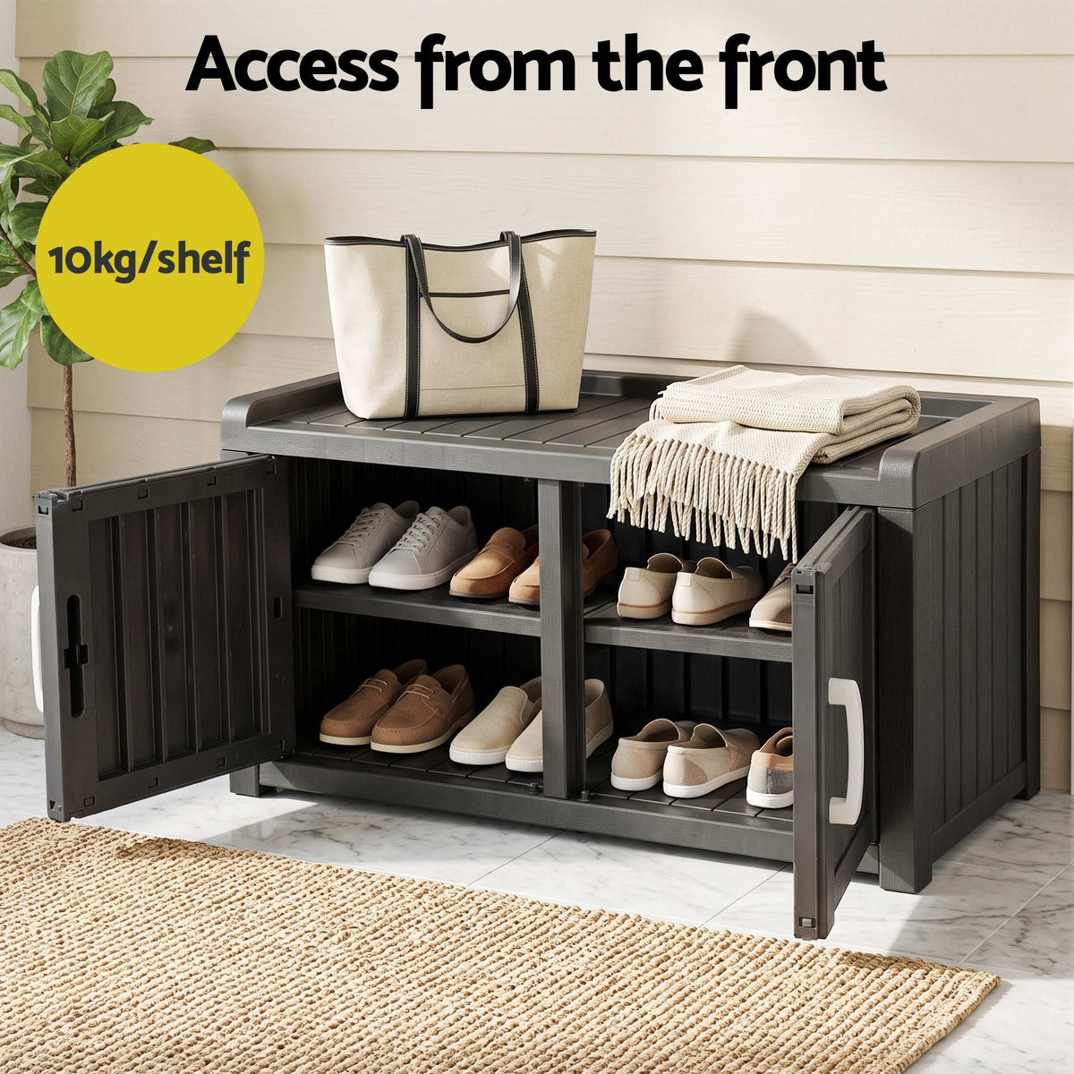 Outdoor Storage Box Bench in black resin with wood-look panels, open double doors, shoe shelves and a flat seat top