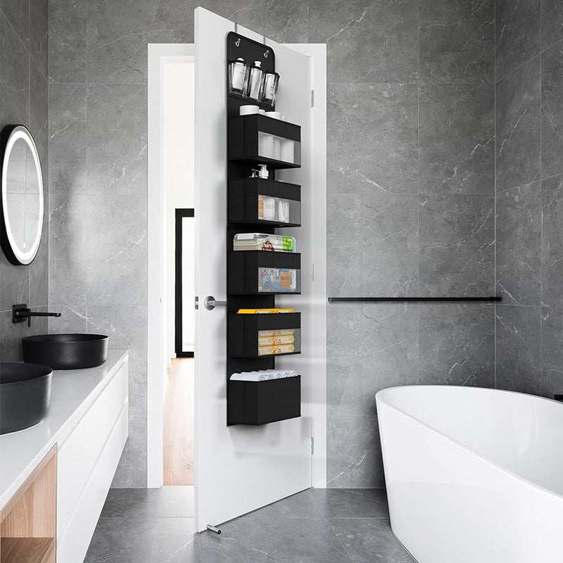 Over-Door Hanging Organiser in black non-woven fabric with five stacked pockets, clear windows and metal hooks