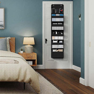 Over-Door Hanging Organiser in black non-woven fabric with five clear-window tiers and side mesh pockets