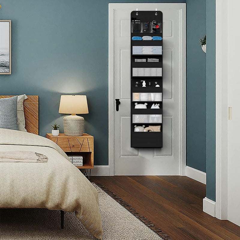 Over-Door Hanging Organiser in black non-woven fabric with five clear-window tiers and side mesh pockets
