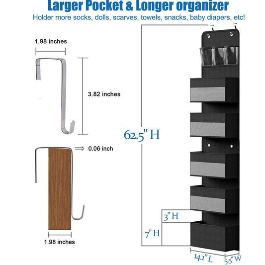 Over-Door Hanging Organiser in black fabric with five deep rectangular tiers, clear windows, mesh pockets and metal hooks