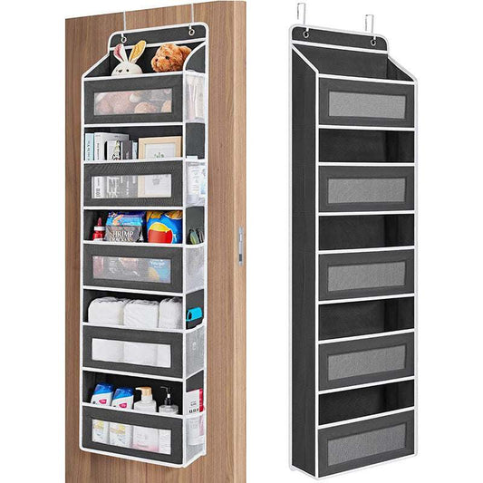 Over-Door Hanging Organiser in black non-woven fabric with five clear-window tiers, white trim and mesh side pockets