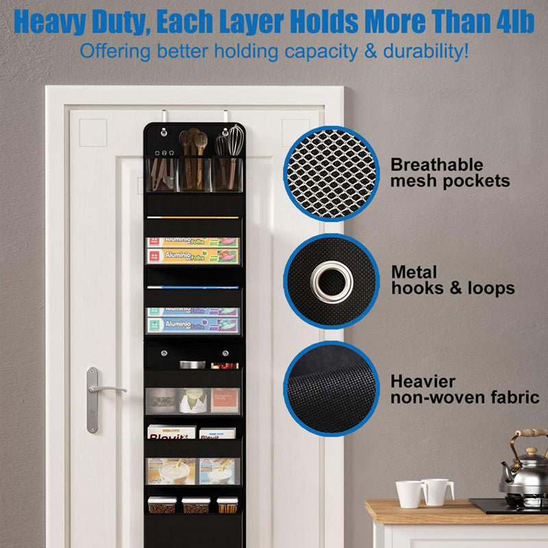 Over-Door Hanging Organiser in black non-woven fabric with five clear-window tiers, mesh side pockets and metal hooks