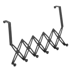 Over Door Hooks rack in black metal with an expandable scissor-style frame and six rounded knobs for hanging items
