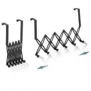 Over Door Hooks expandable rack in black metal with six rounded hooks and a folding lattice frame that extends sideways